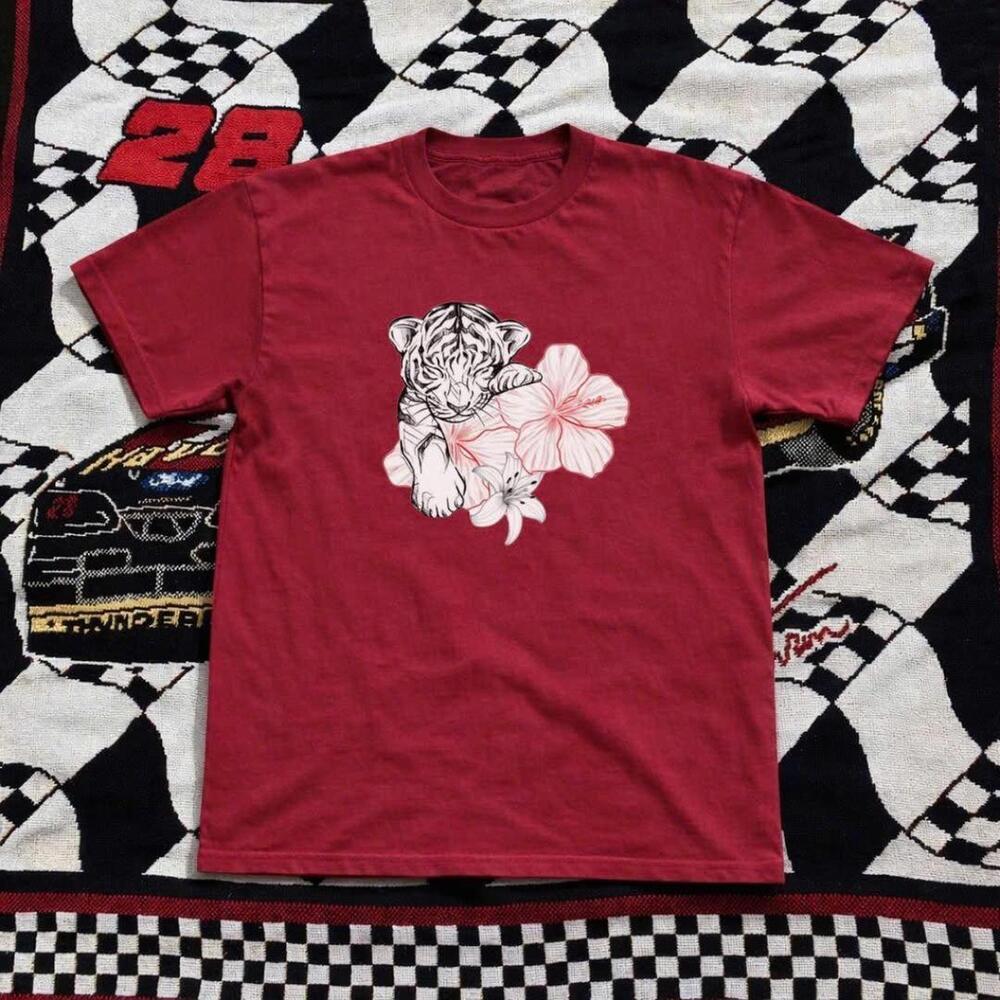 Red And White Graphic Tee With A Tiger Design